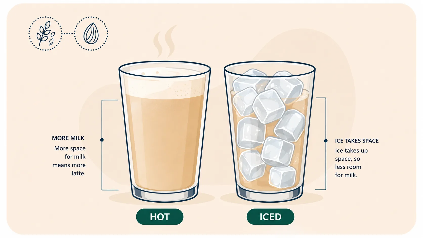 Iced vs hot Starbucks calories — side-by-side glasses showing a hot latte with steamed milk versus an iced latte with ice cubes taking up cup volume