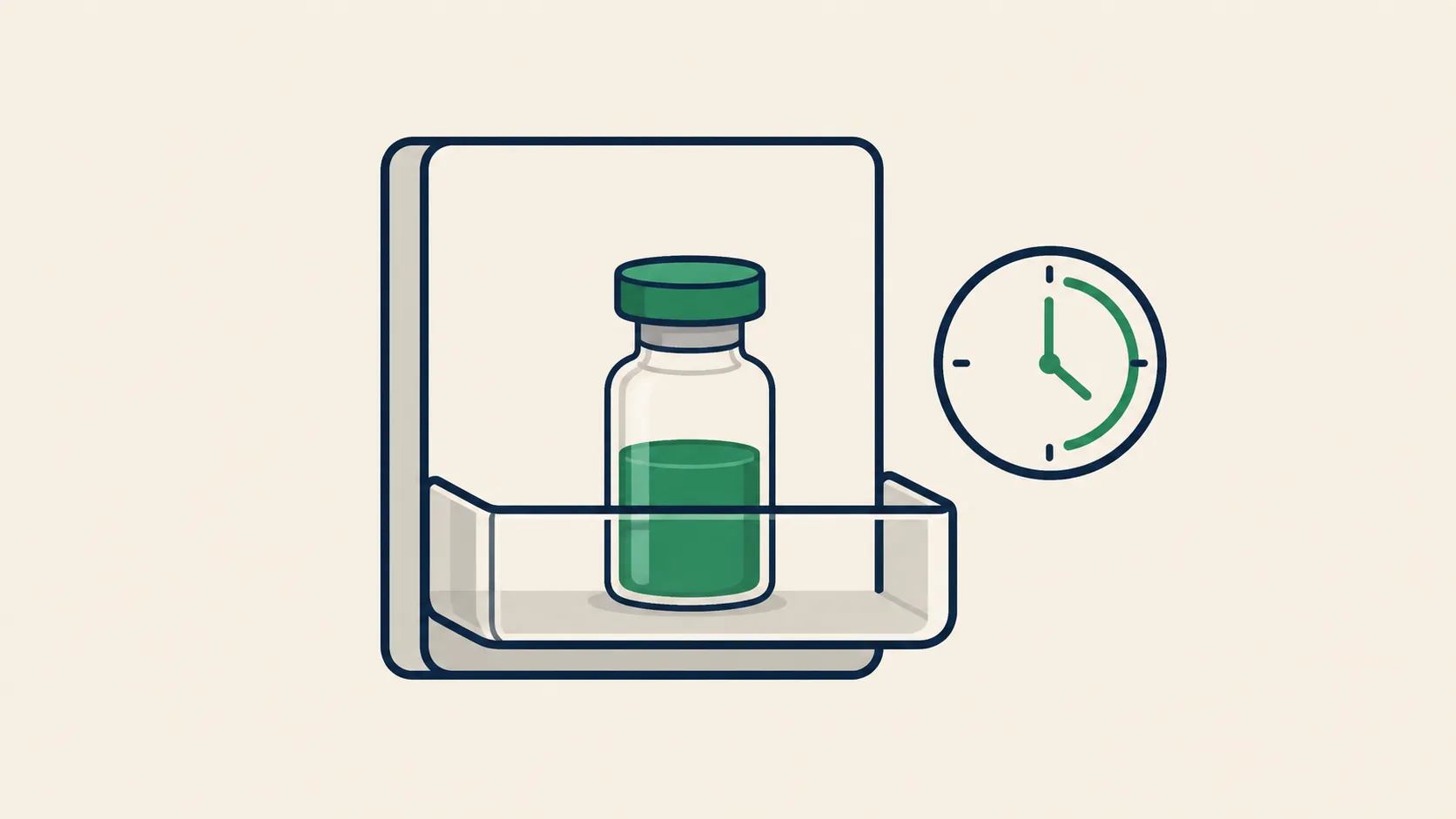 Reconstituted peptide storage: vial in a refrigerator door rack next to a small thermometer